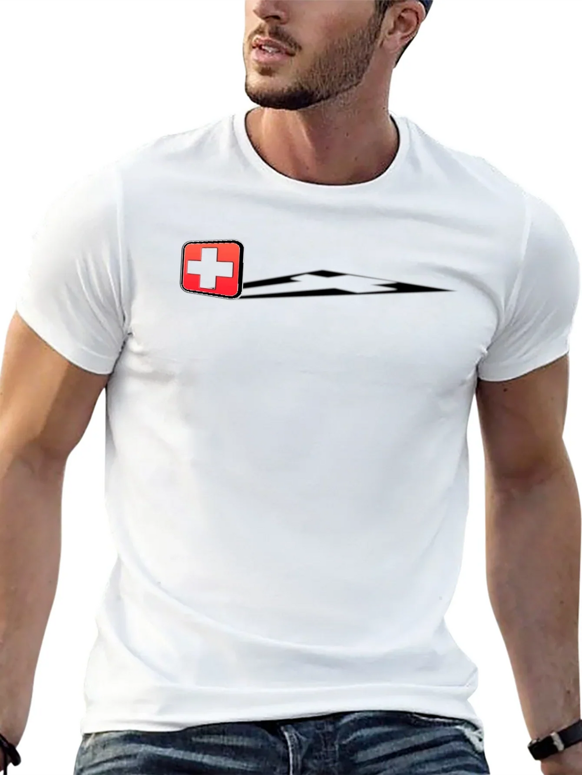 Swiss Cross Graphic Tee - Black Cotton Casual T-Shirt