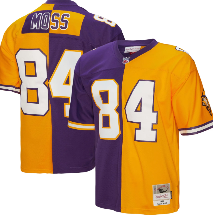 MN.Vikings #84 Randy Moss 1998 Split Legacy Replica Jersey Purple Gold Stitched American Football Jerseys