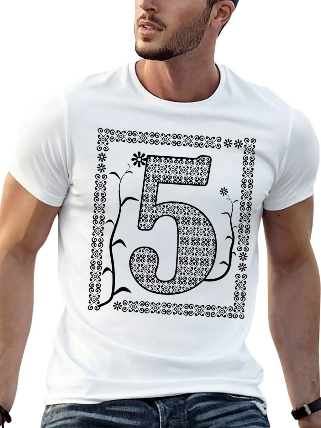 Floral Number 5 Graphic Print Black T-Shirt