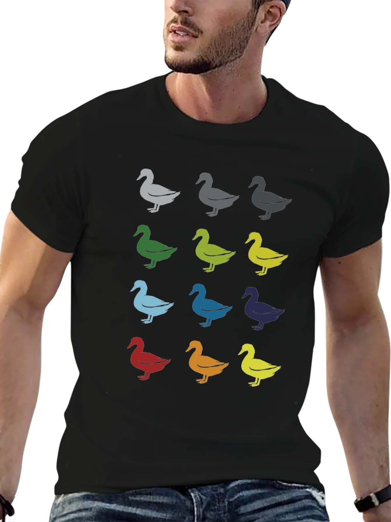 Quirky Duck Pattern Graphic Tee - Black Unisex T-Shirt