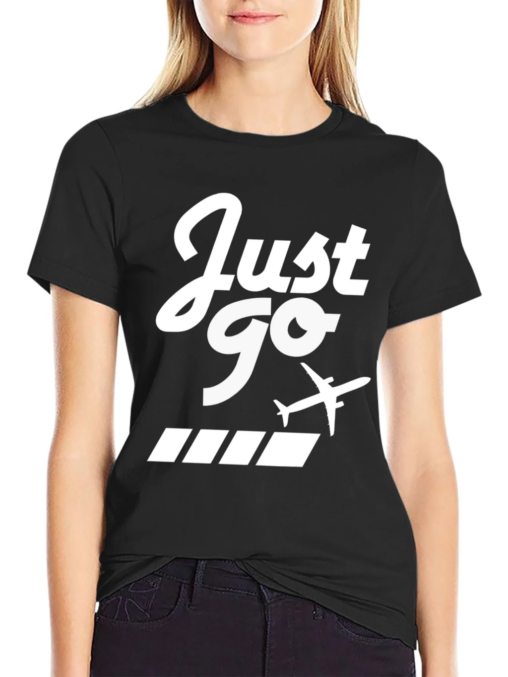 Just Go Airplane Graphic Tee - Black Cotton T-Shirt