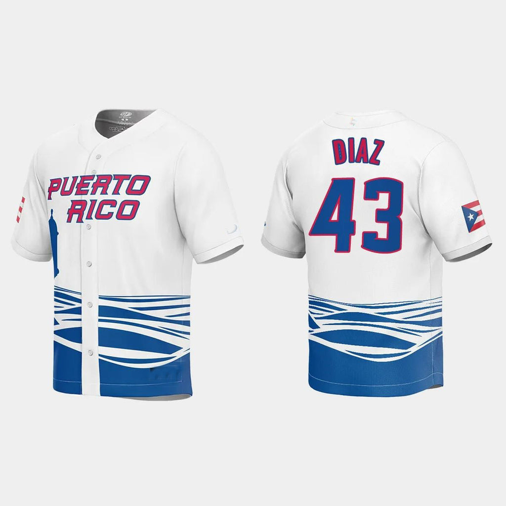 #43 ALEXIS DIAZ PUERTO RICO BASEBALL 2023 WORLD BASEBALL CLASSIC JERSEYC WHITE Stitches Baseball Jerseys