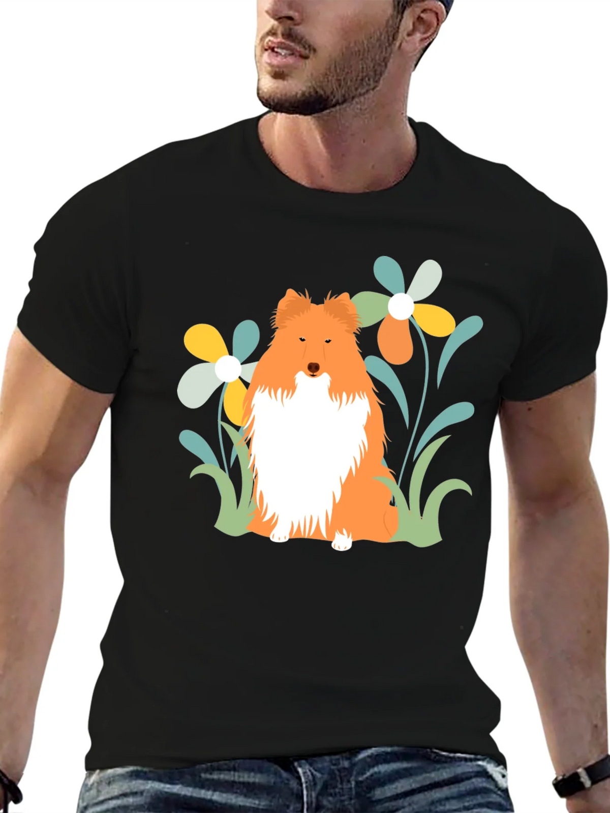 Sheltie Dog & Flowers T-Shirt - Soft Cotton Tee