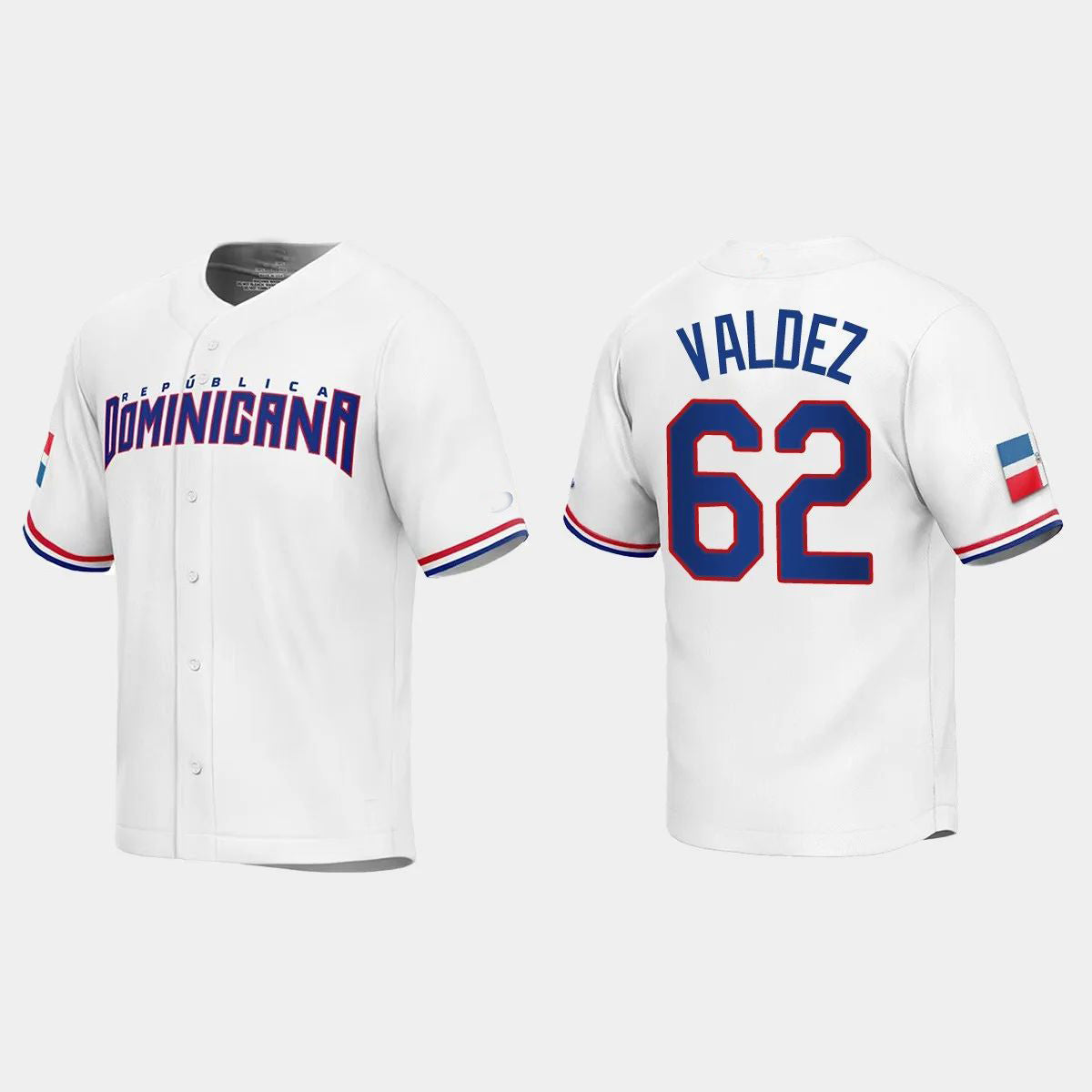 #62 CESAR VALDEZ DOMINICAN REPUBLIC BASEBALL 2023 WORLD BASEBALL CLASSIC REPLICA JERSEYC WHITE Stitches Baseball Jerseys