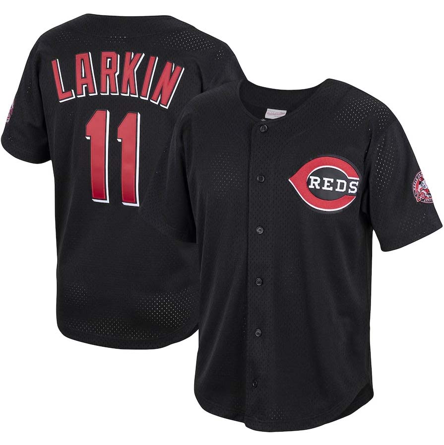 Cincinnati Reds #11 Barry Larkin Cooperstown Collection Mesh Batting Practice Button-Up Jersey - Black Baseball Jerseys