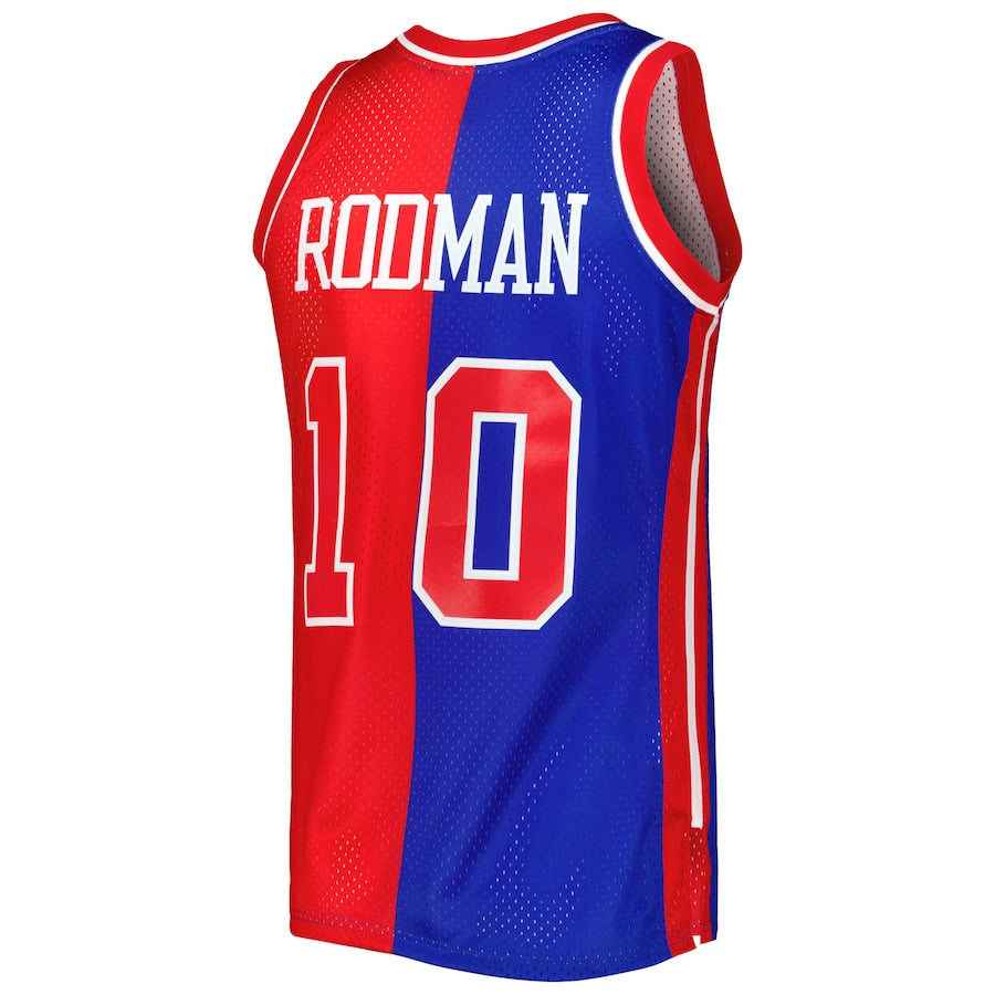 D.Pistons #10 Dennis Rodman Hardwood Classics 1988-89 Split Swingman Jersey Blue Red Stitched American Basketball Jersey