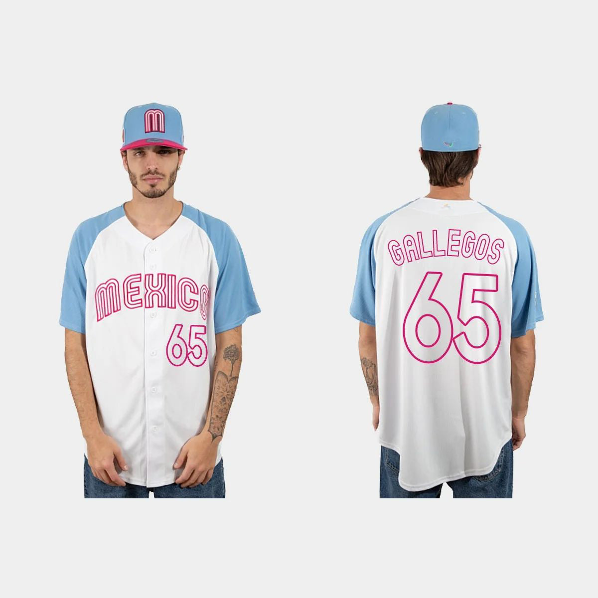 #65 GIOVANNY GALLEGOS MEXICO BASEBALL 2023 WORLD BASEBALL CLASSIC JERSEYC WHITE BLUE Stitches Baseball Jerseys