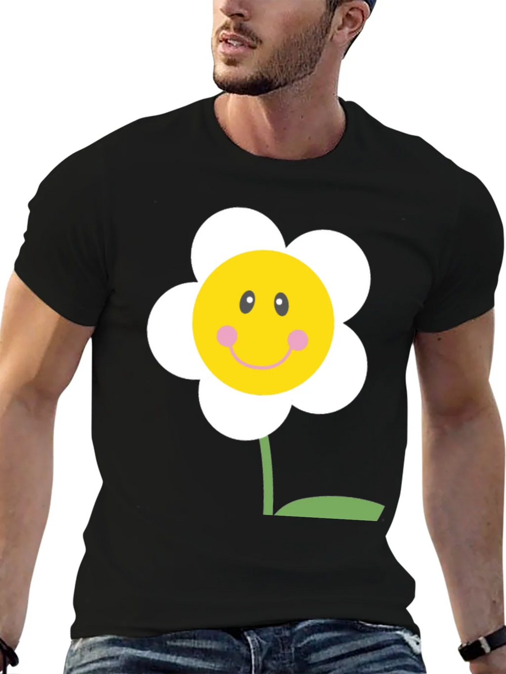 Happy Flower Graphic Tee - Black Cotton Shirt