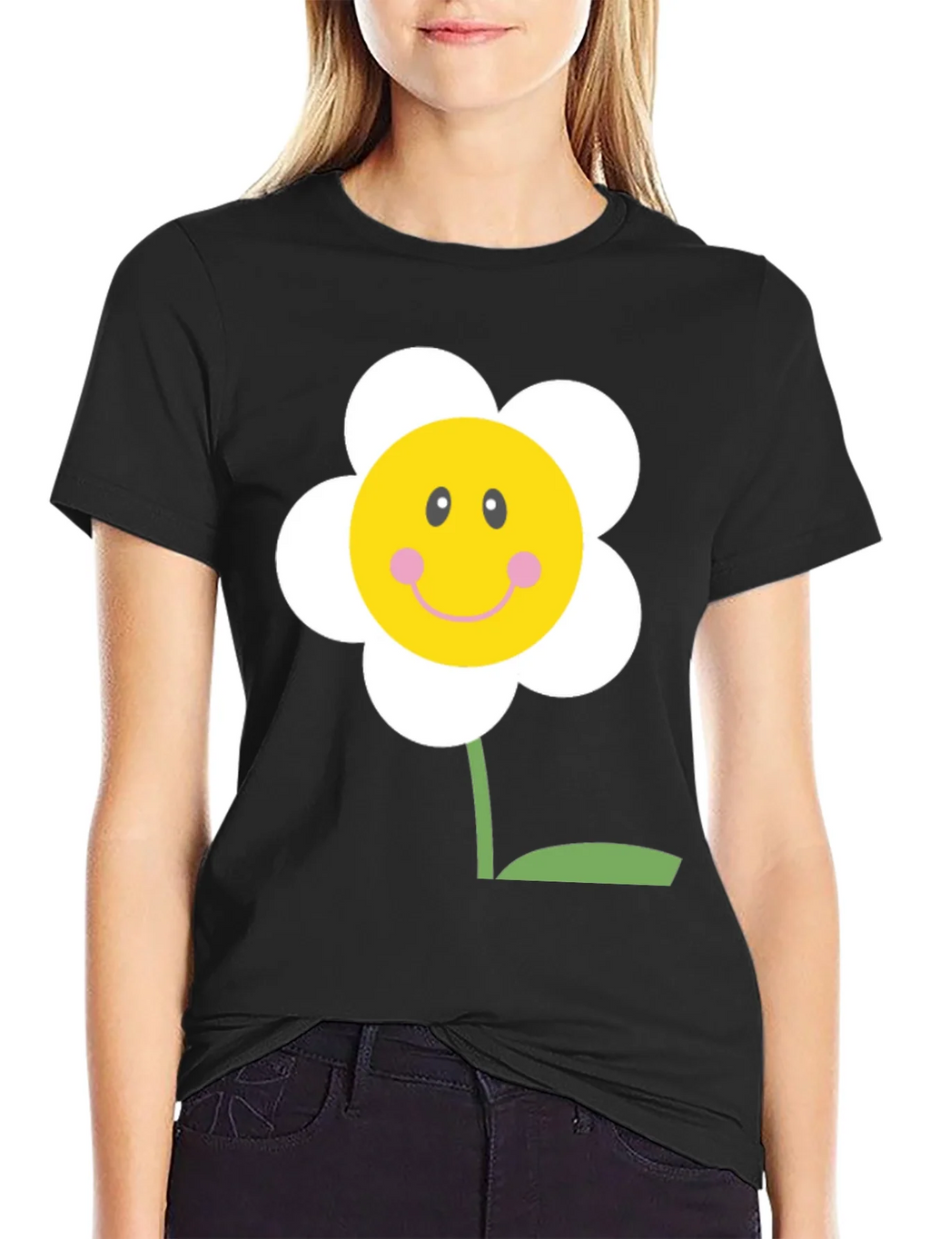 Happy Flower Graphic Tee - Black Cotton Shirt