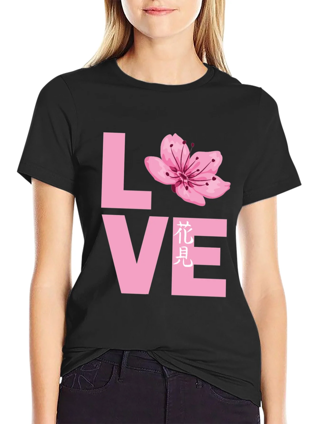 Love Cherry Blossom Graphic T-Shirt - Black