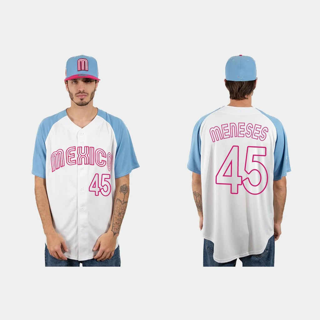 #45 JOEY MENESES MEXICO BASEBALL 2023 WORLD BASEBALL CLASSIC JERSEYC WHITE BLUE Stitches Baseball Jerseys