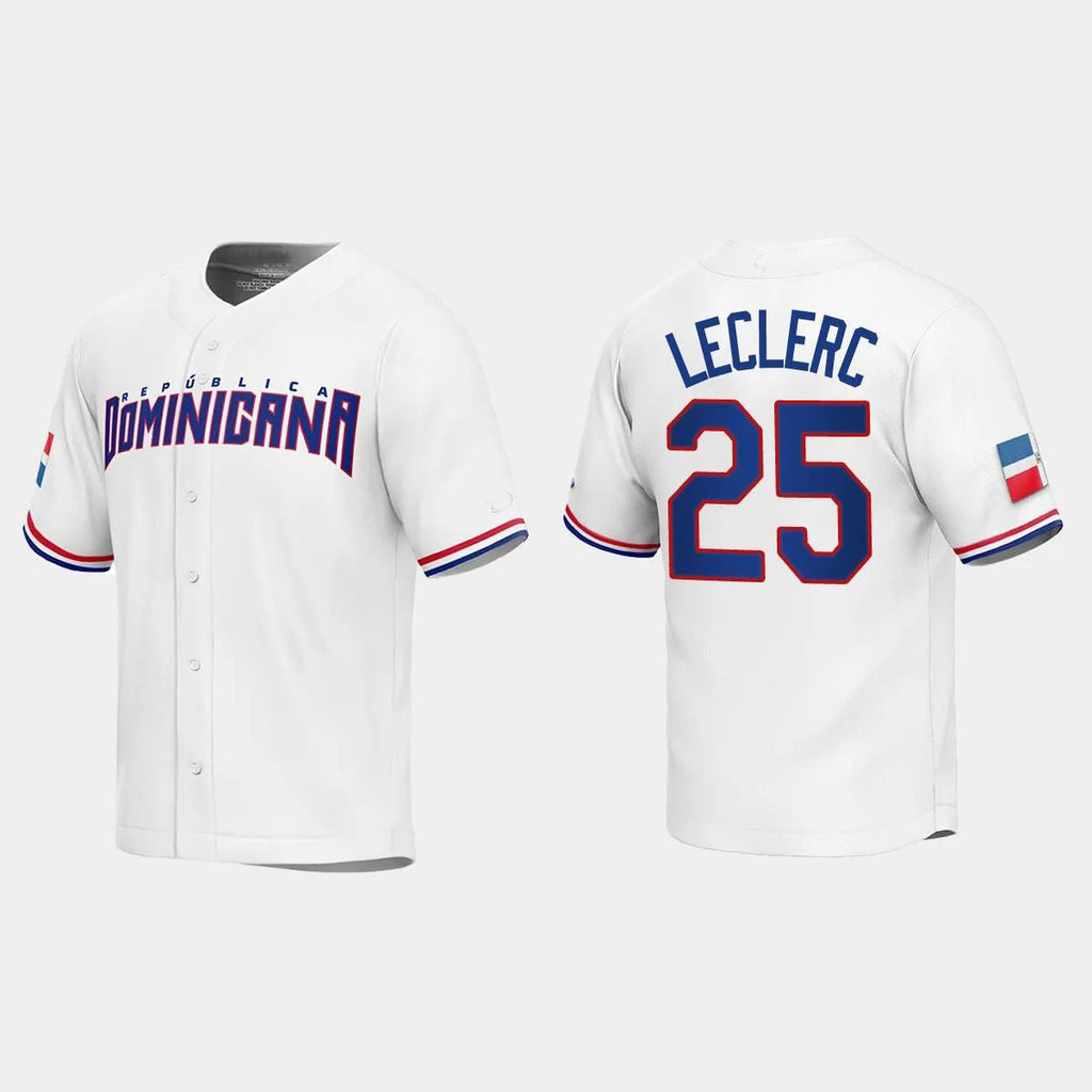 #25 JOSE LECLERC DOMINICAN REPUBLIC BASEBALL 2023 WORLD BASEBALL CLASSIC REPLICA JERSEYC WHITE Stitches Baseball Jerseys