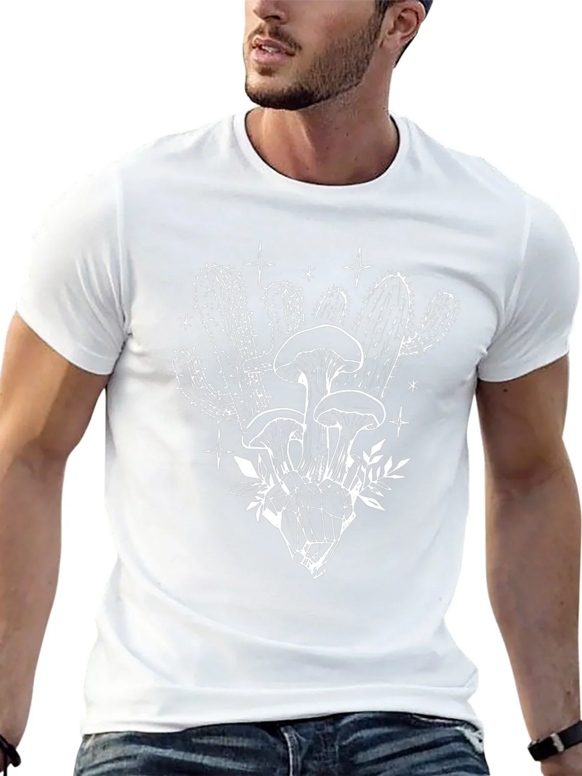 Black T-Shirt with Mushroom Cactus Graphic