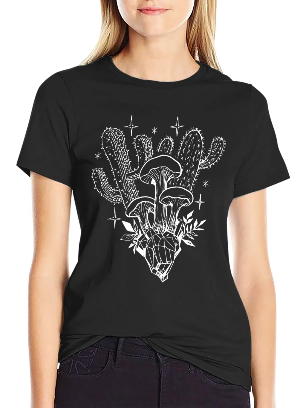 Black T-Shirt with Mushroom Cactus Graphic