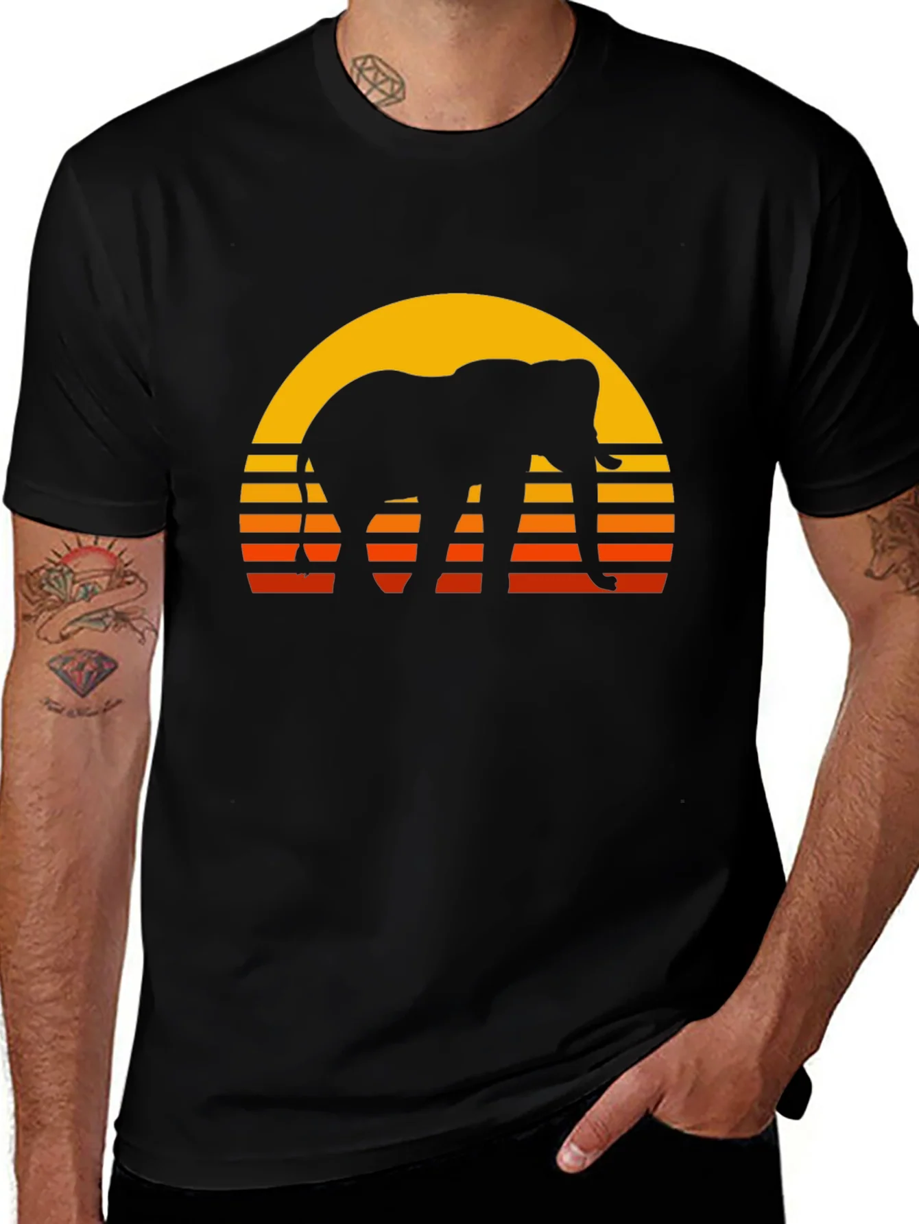 Elephant Sunset T-Shirt - Retro Style Black Tee