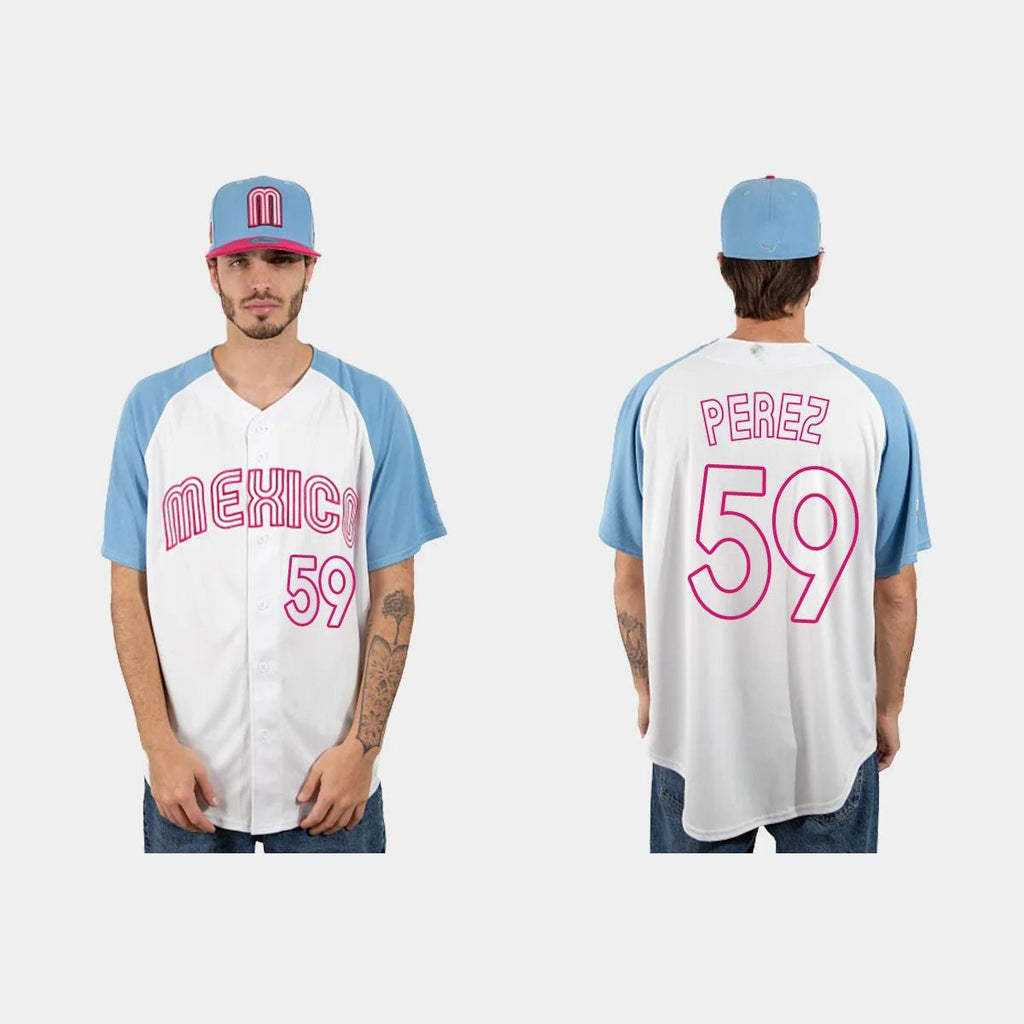 #59 OLIVER PEREZ MEXICO BASEBALL 2023 WORLD BASEBALL CLASSIC JERSEYC WHITE BLUE Stitches Baseball Jerseys