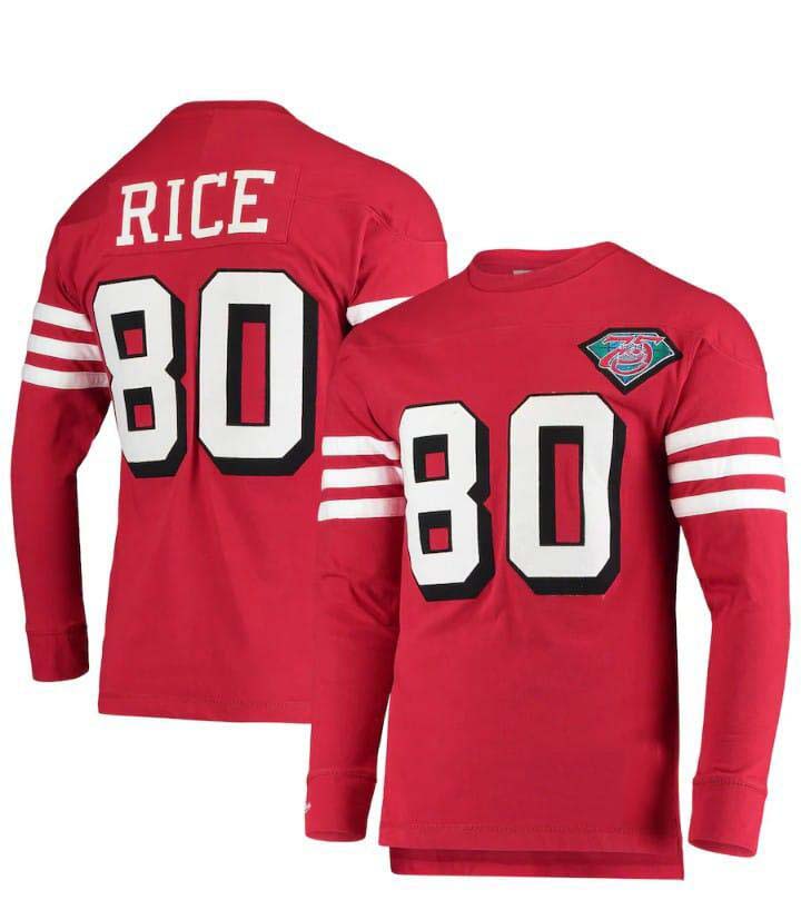SF.49ers #80 Jerry Rice Throwback Retired Player Name & Number Long Sleeve Top Stitched American Football Jersey