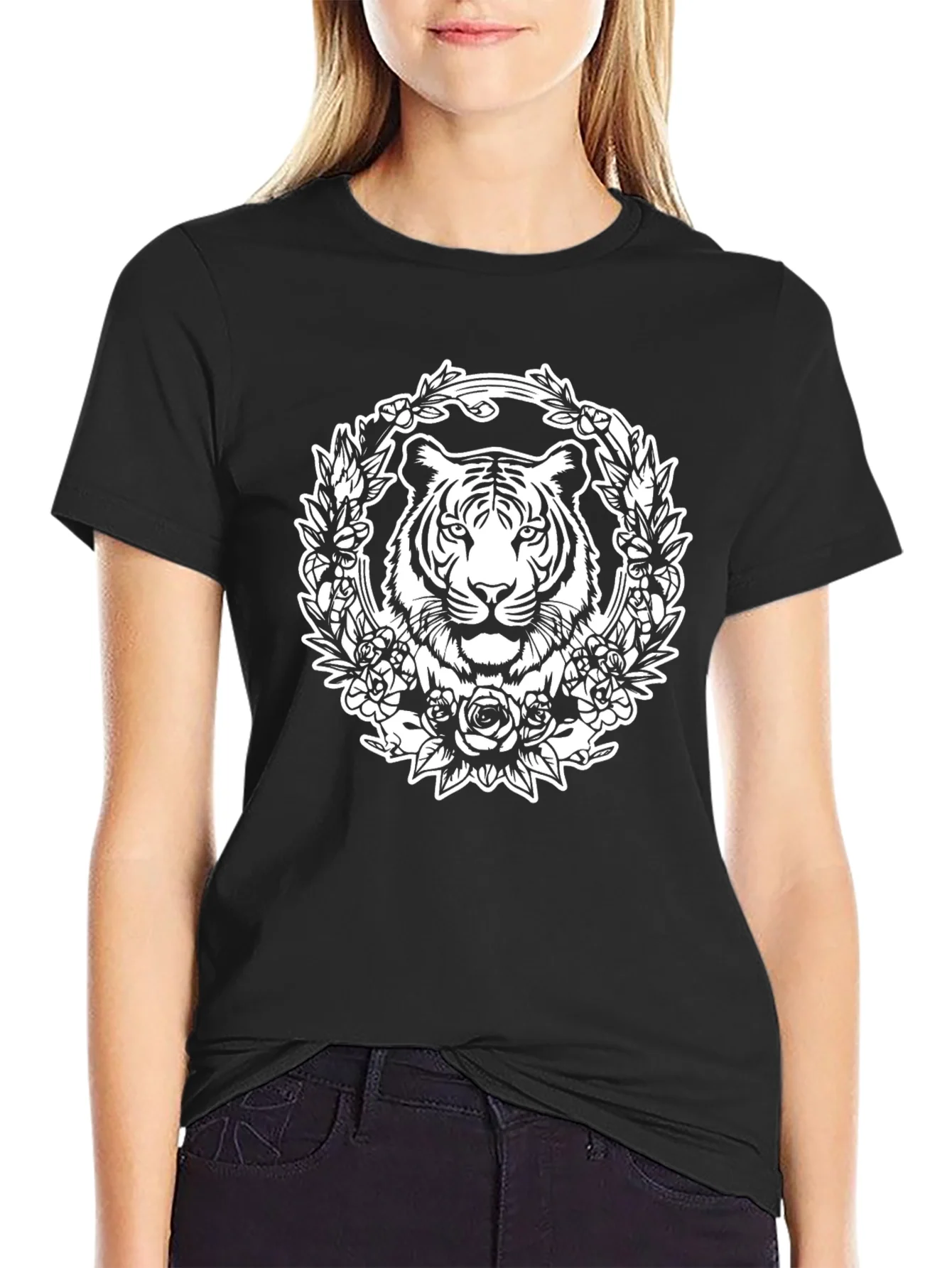 Tiger Floral Wreath Graphic Tee - Black