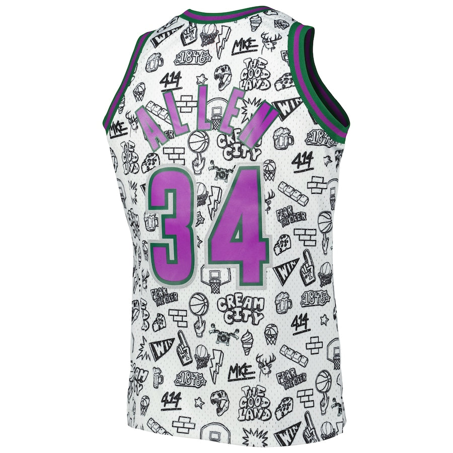 M.Bucks #34 Ray Allen 2000-01 Hardwood Classics Doodle Swingman Jersey White Stitched American Basketball Jersey