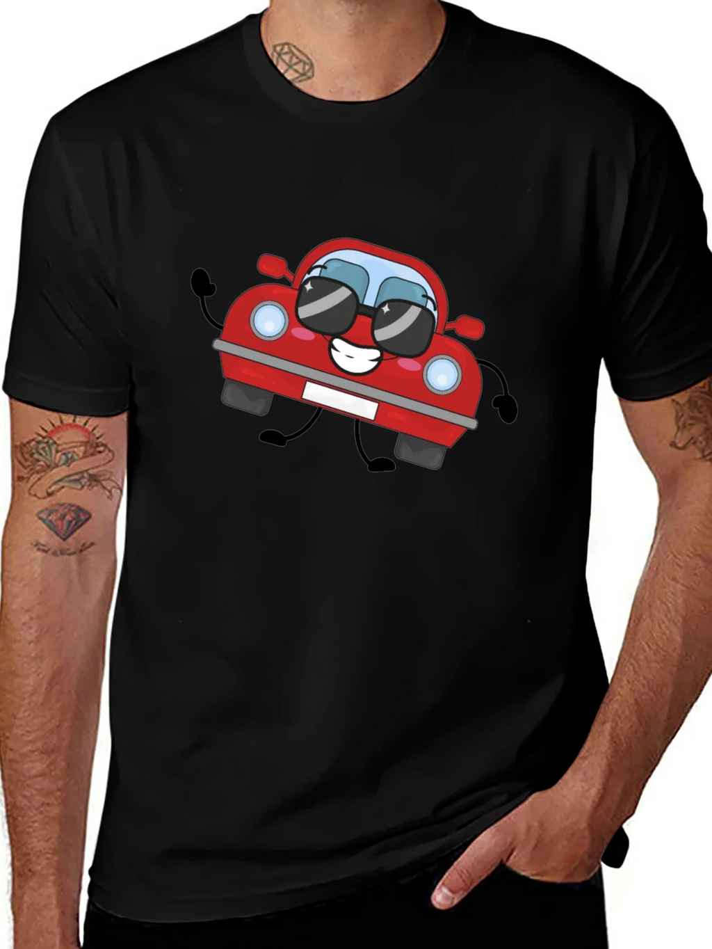 Cartoon Car Graphic T-Shirt - Black Cotton Tee