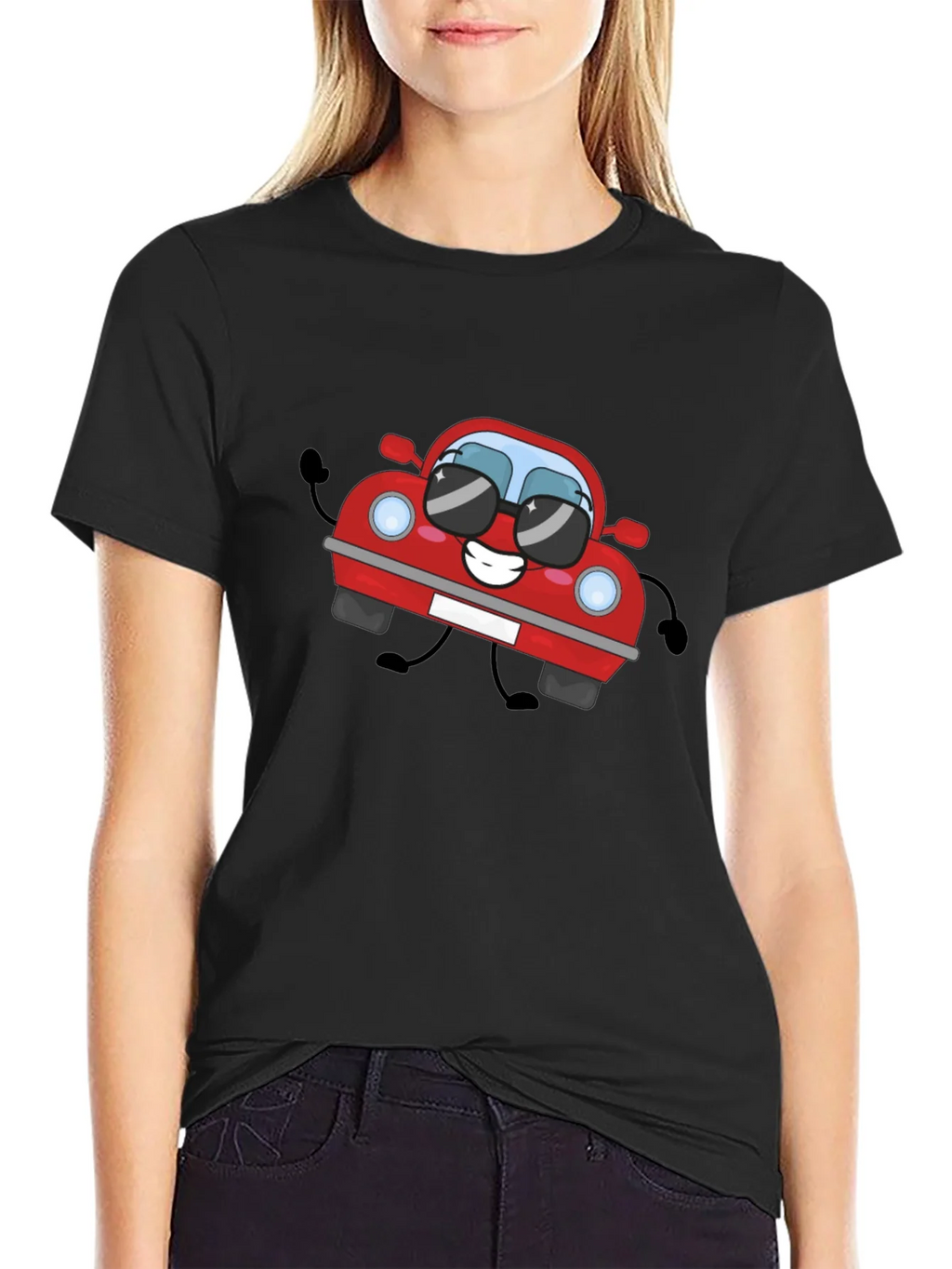 Cartoon Car Graphic T-Shirt - Black Cotton Tee