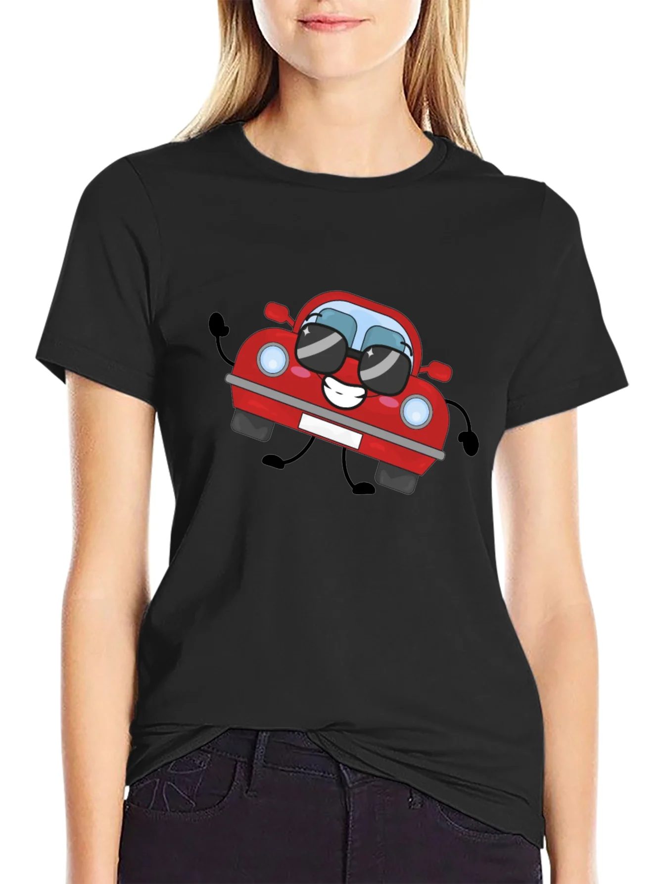 Cartoon Car Graphic T-Shirt - Black Cotton Tee