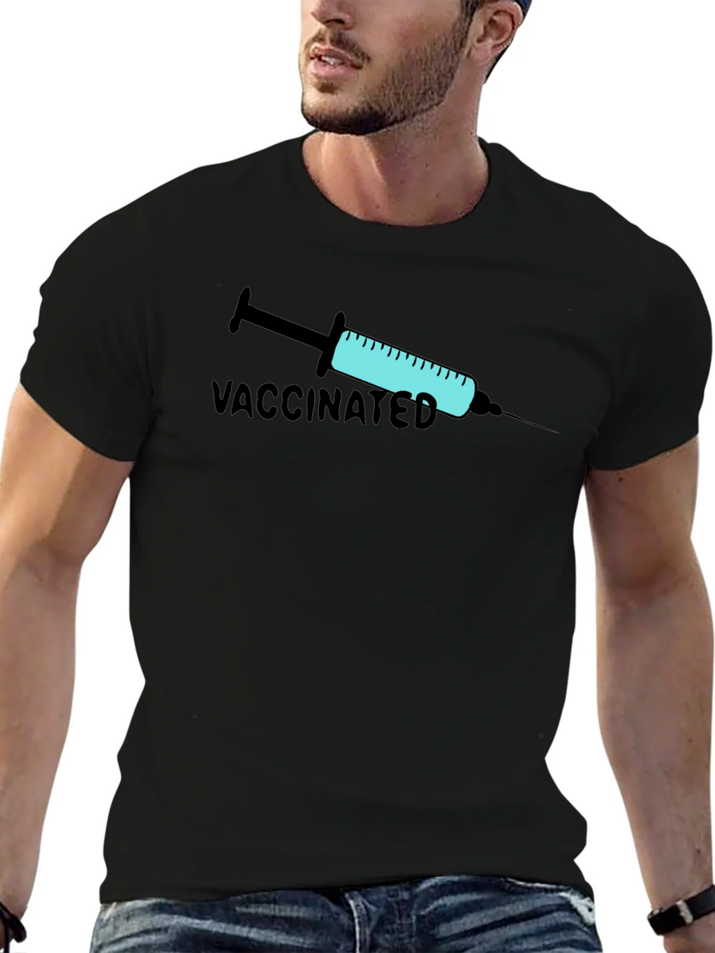 Vaccinated Graphic Print T-Shirt - Black