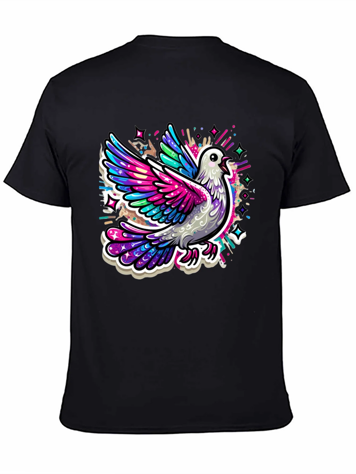 Colorful Dove Graphic Tee - Black Cotton T-Shirt