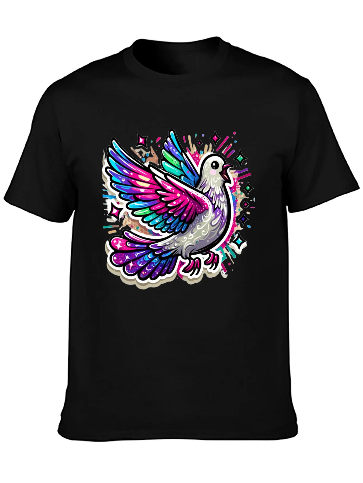 Colorful Dove Graphic Tee - Black Cotton T-Shirt