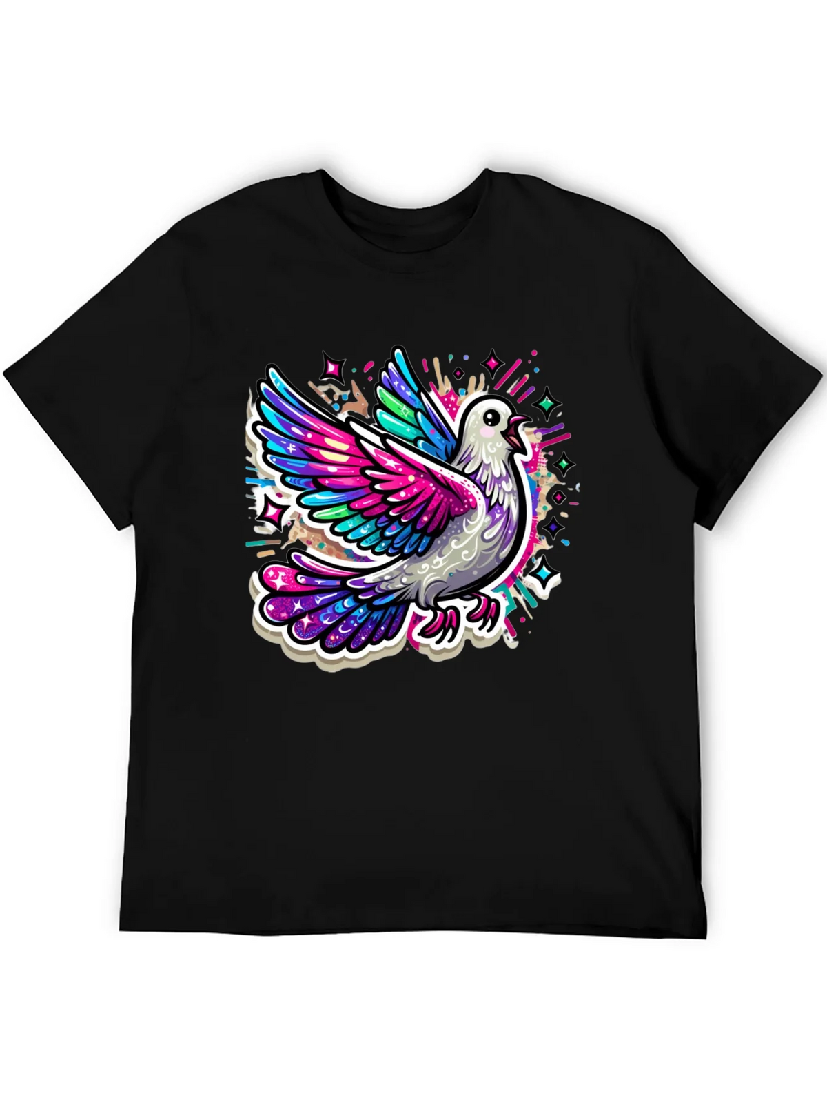 Colorful Dove Graphic Tee - Black Cotton T-Shirt