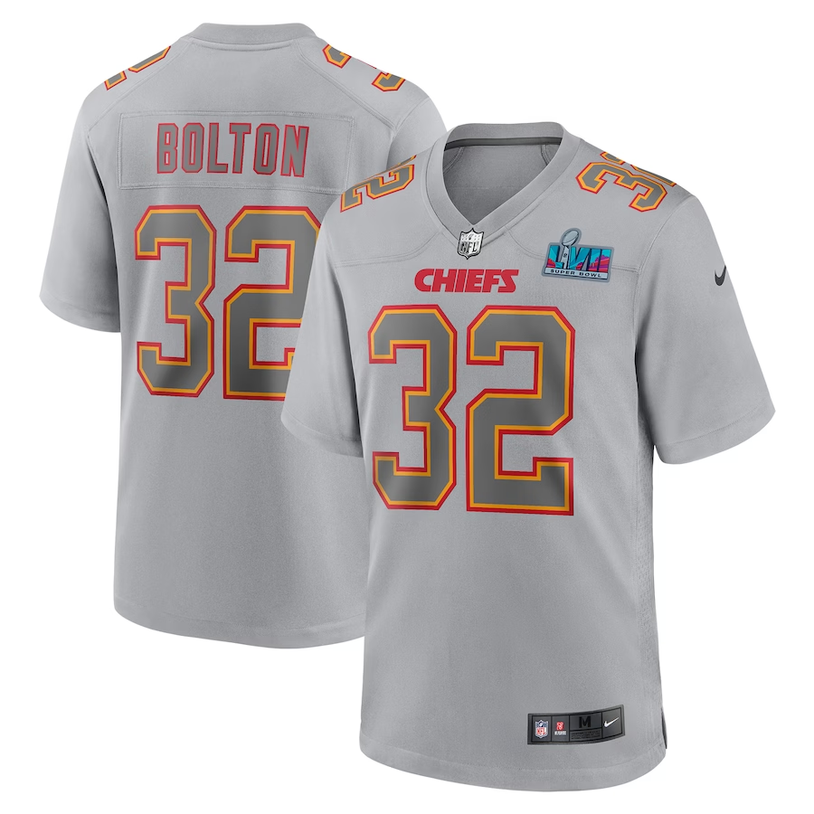 Men's Kansas City Chiefs #32 Bolton Nike Gray Super Bowl LVII Patch Atmosphere Fashion Game Jersey1