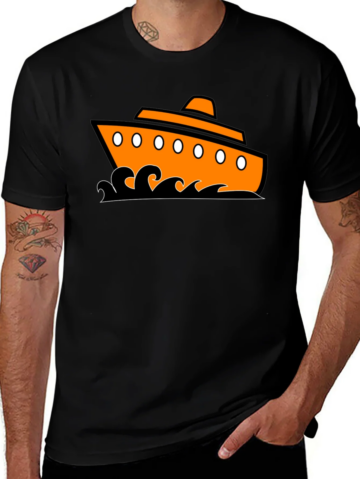 Nautical Ship Graphic Tee - Black Cotton