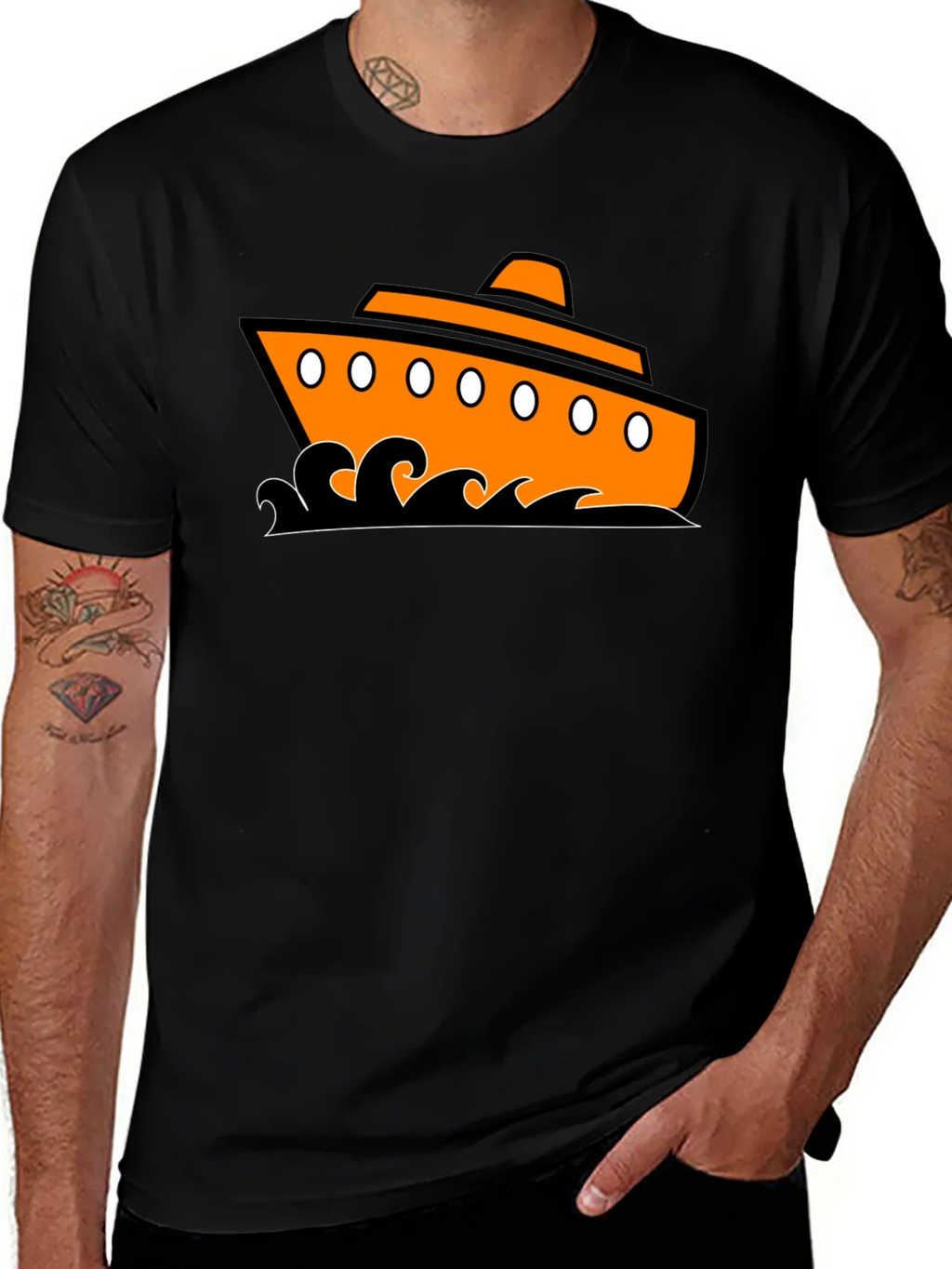 Nautical Ship Graphic Tee - Black Cotton