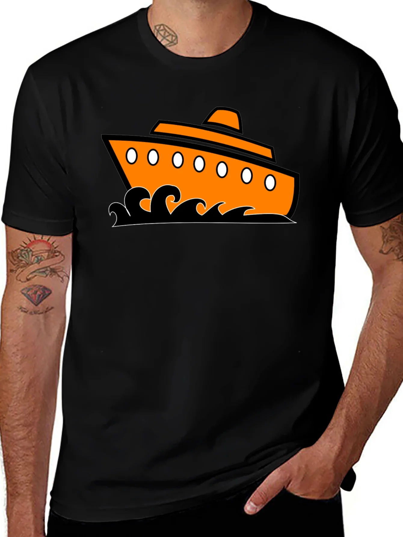 Nautical Ship Graphic Tee - Black Cotton