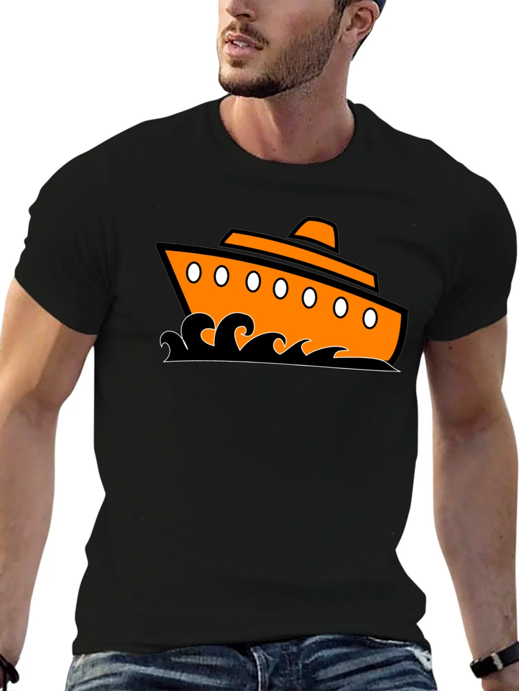 Nautical Ship Graphic Tee - Black Cotton