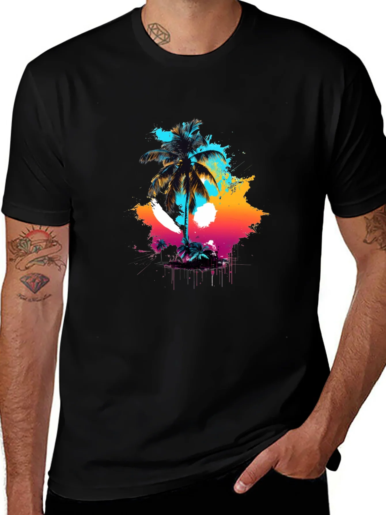 Vibrant Palm Tree Graphic Black T-Shirt
