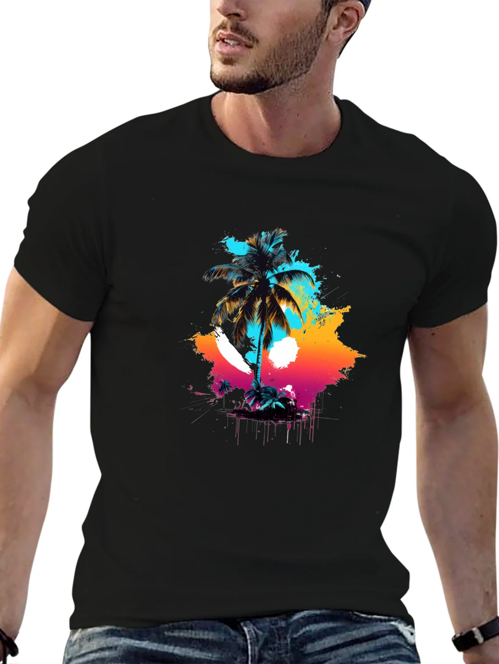 Vibrant Palm Tree Graphic Black T-Shirt