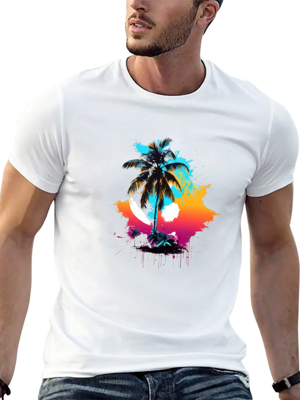 Vibrant Palm Tree Graphic Black T-Shirt