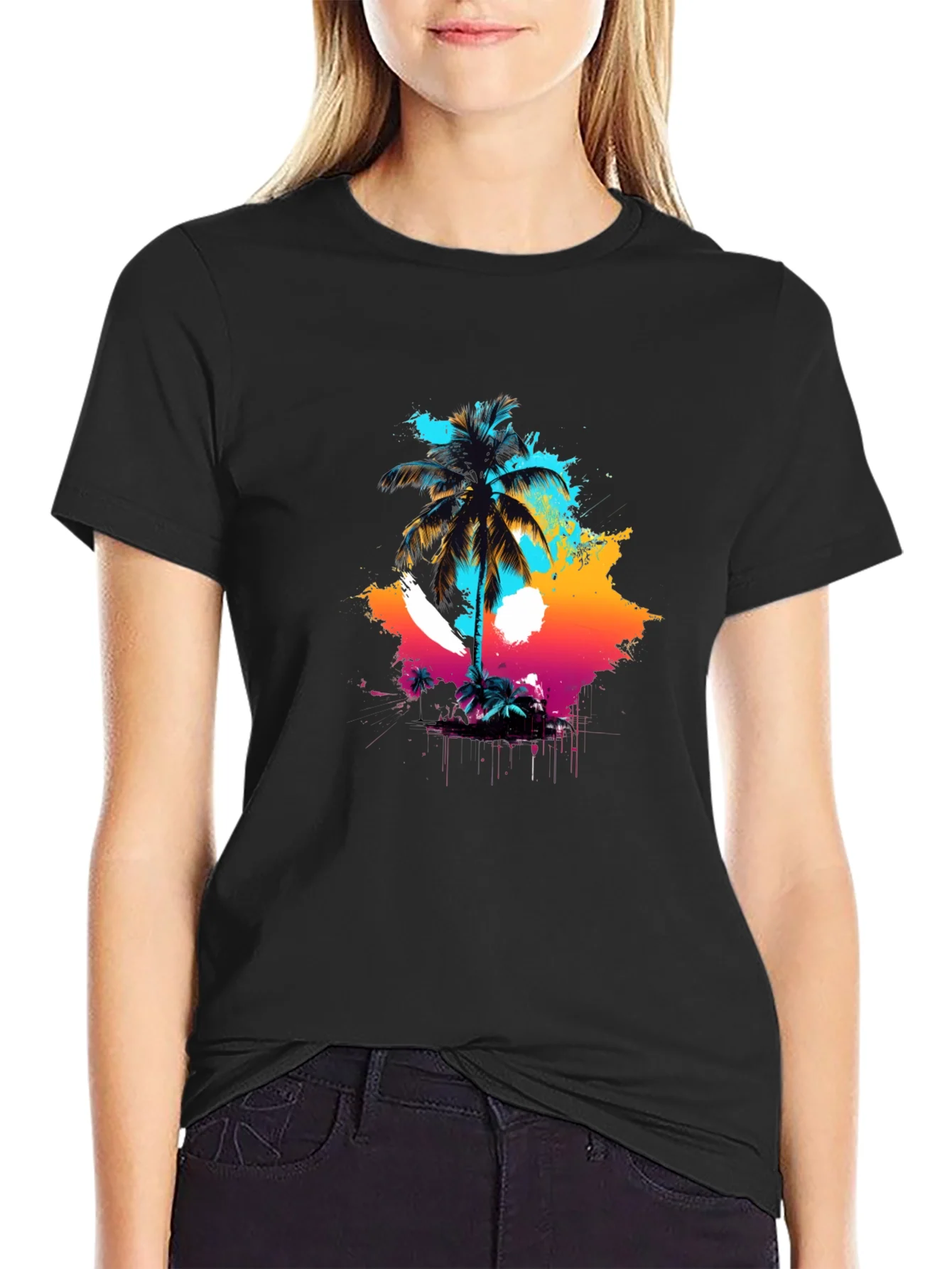 Vibrant Palm Tree Graphic Black T-Shirt