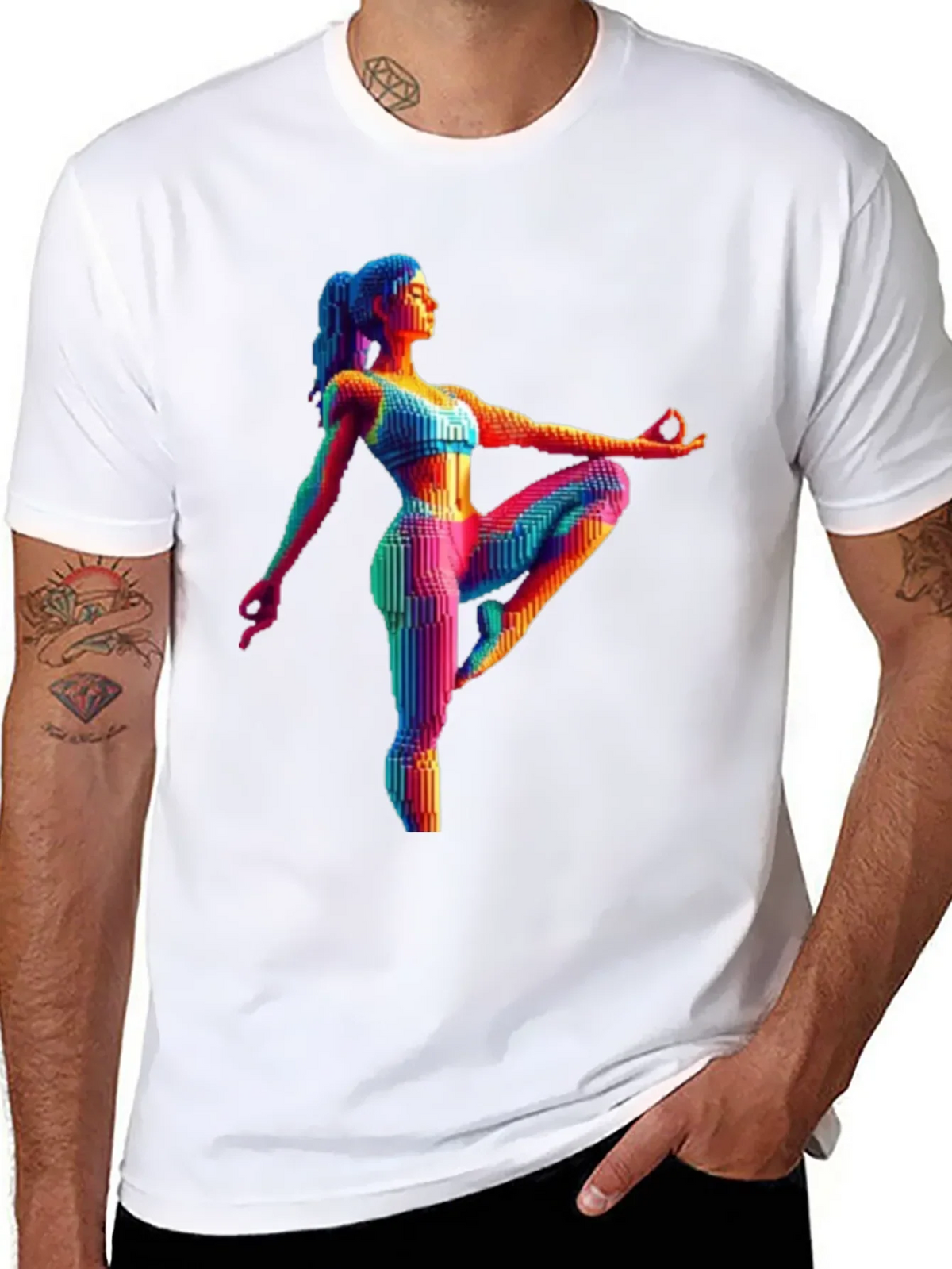 Yoga Pose Graphic Tee - Rainbow Pixel Art T-Shirt