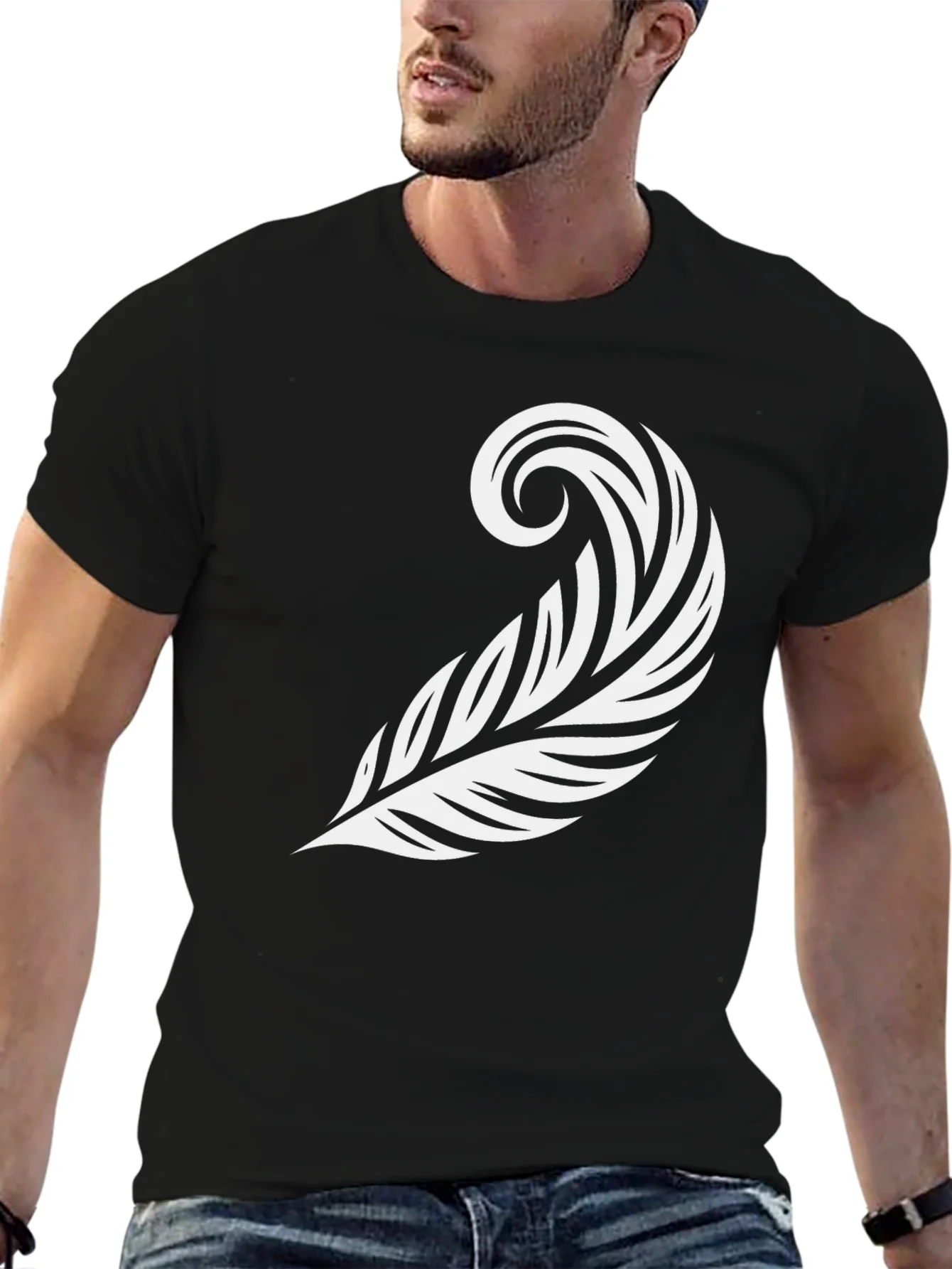 Stylish Feather Graphic Tee - Black