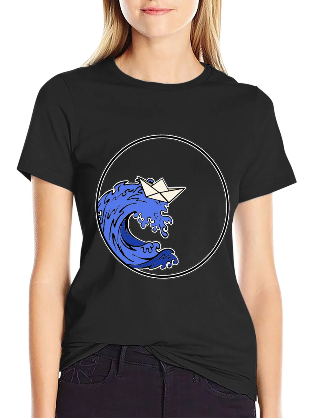 Paper Boat Wave Graphic Black T-Shirt