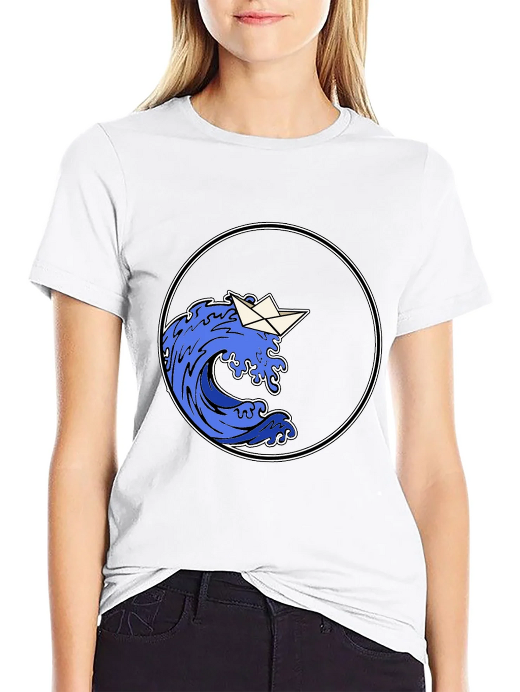 Paper Boat Wave Graphic Black T-Shirt