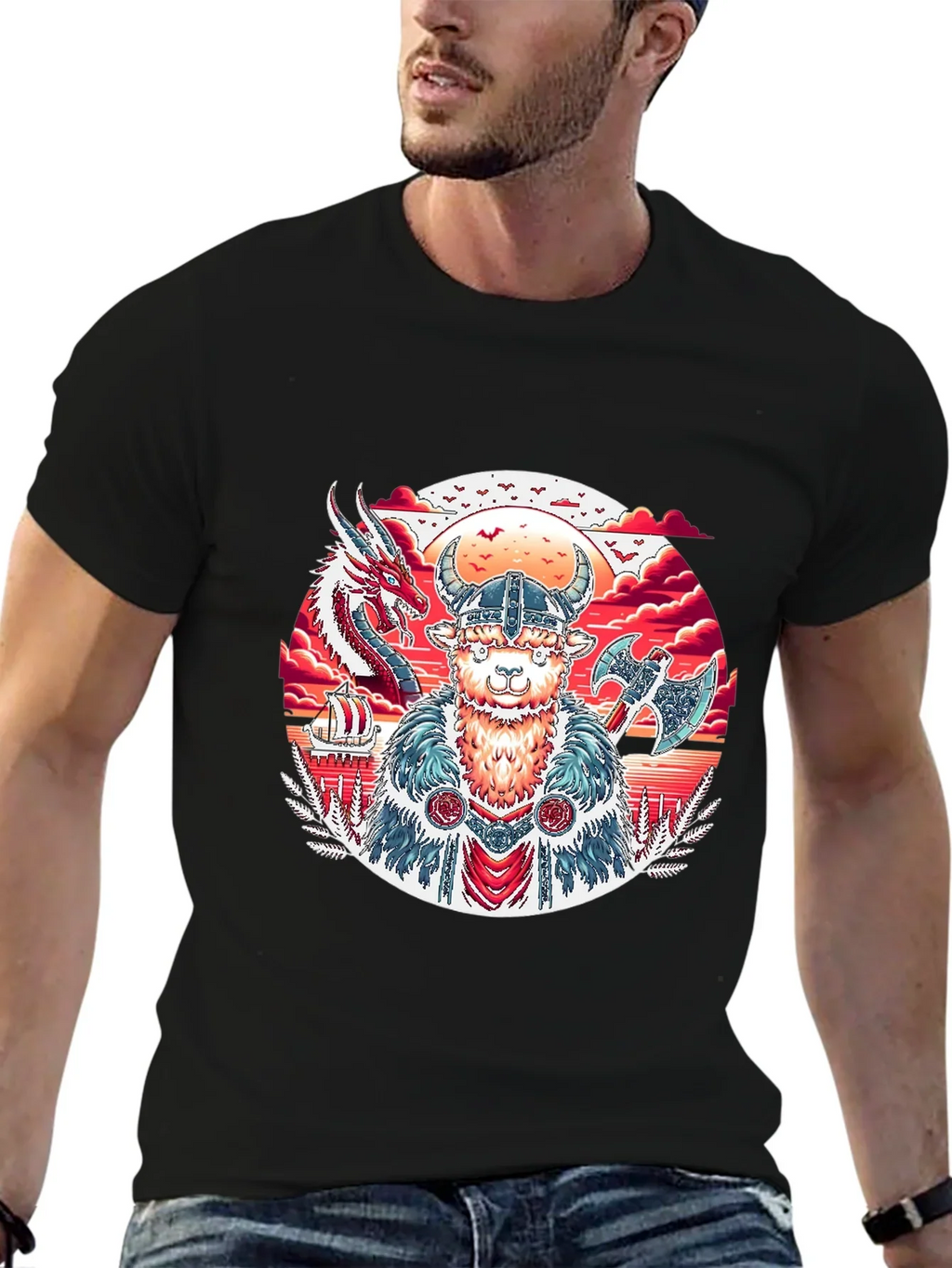 Viking Llama Graphic Tee - Black Cotton T-Shirt