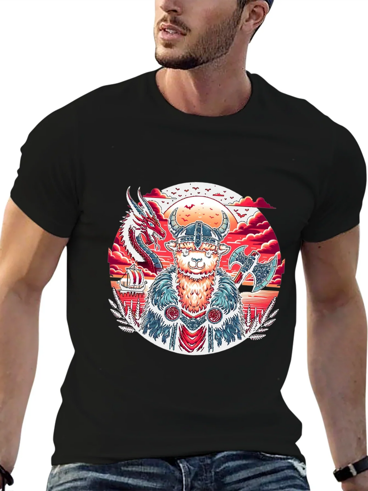 Viking Llama Graphic Tee - Black Cotton T-Shirt
