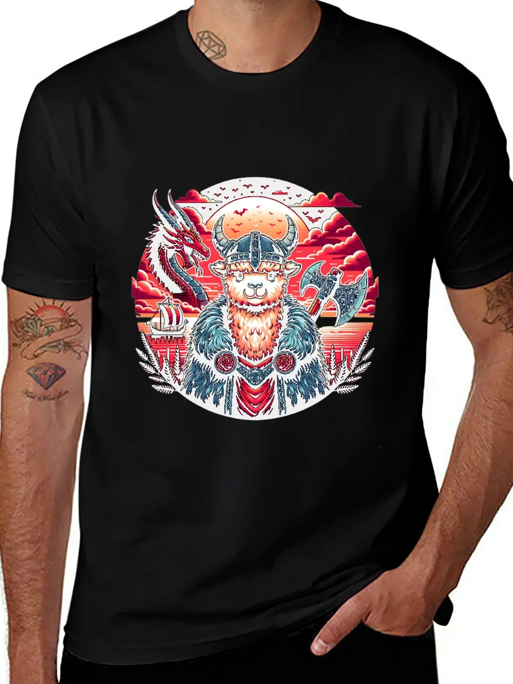 Viking Llama Graphic Tee - Black Cotton T-Shirt