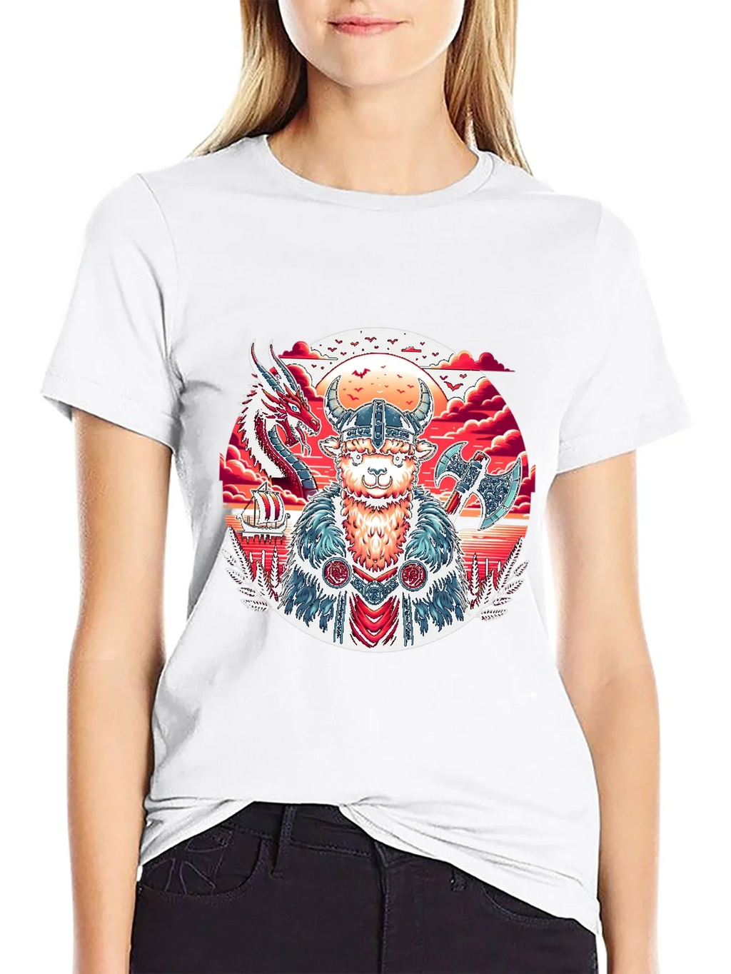 Viking Llama Graphic Tee - Black Cotton T-Shirt