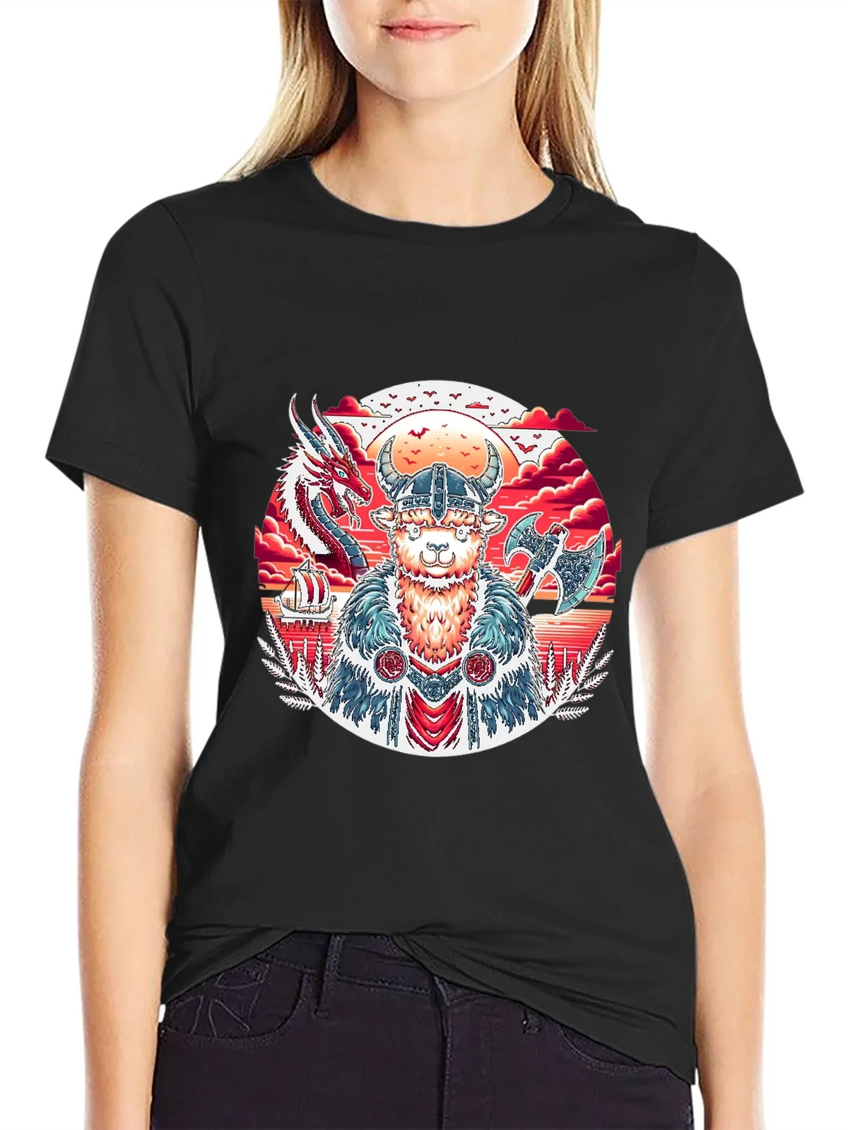 Viking Llama Graphic Tee - Black Cotton T-Shirt