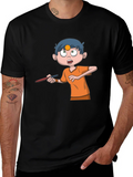 Cartoon Boy Graphic Tee - Black Cotton T-Shirt