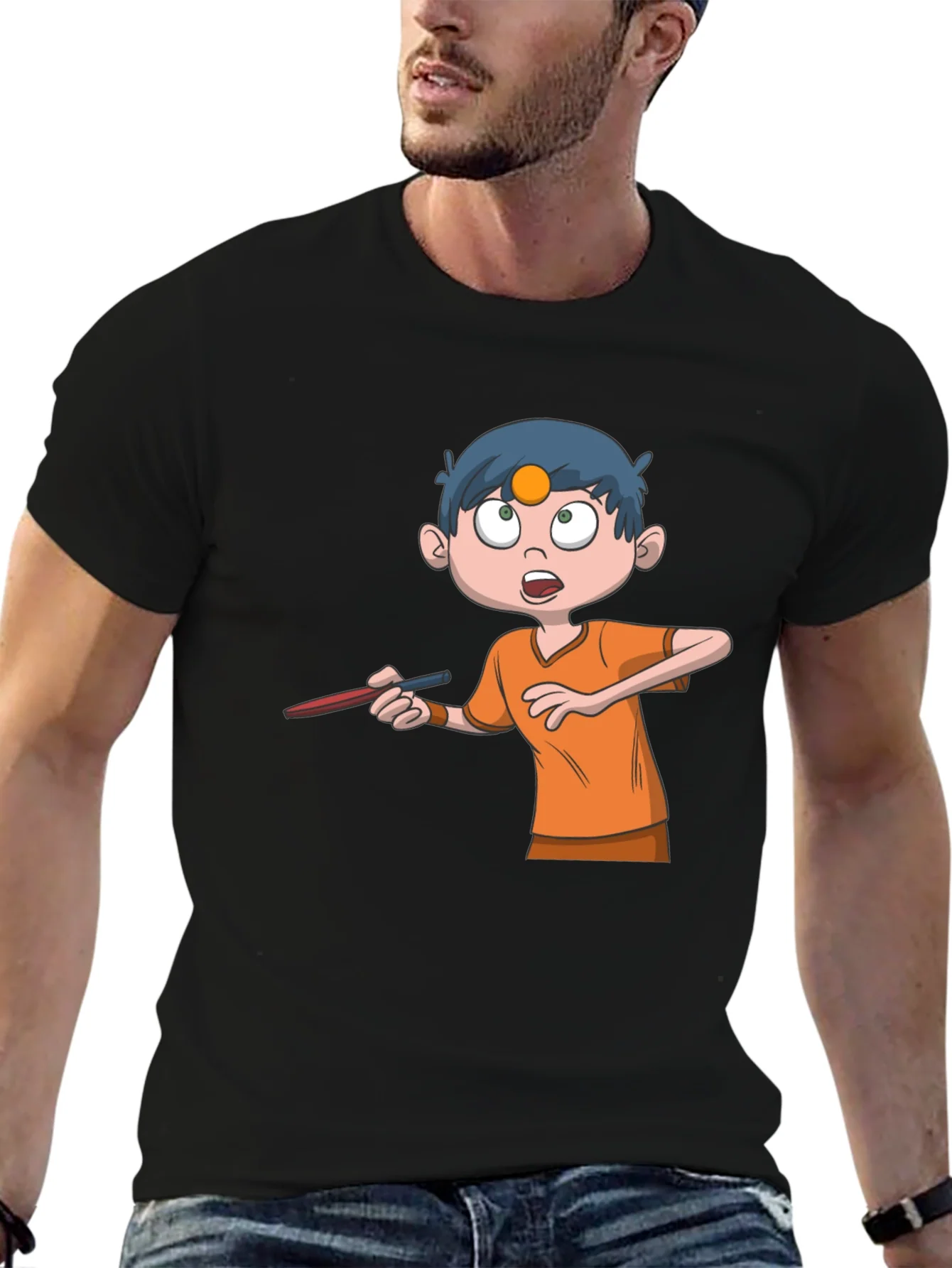 Cartoon Boy Graphic Tee - Black Cotton T-Shirt